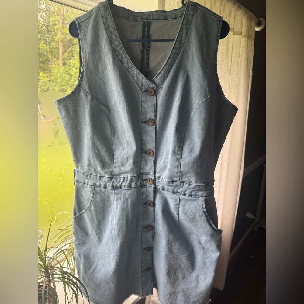 Blue Denim Overall Dress with V-Neckline - Picture 5 of 6